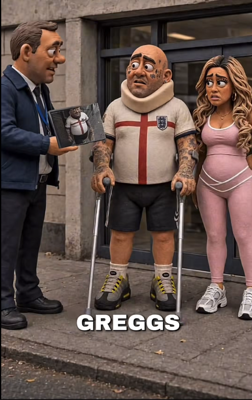 AI claymation TikTok video still of two clay characters on a UK street, captioned 'GREGGS'