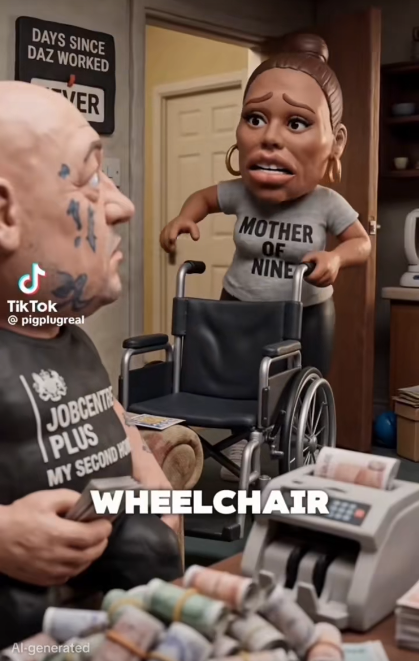 AI claymation TikTok video screenshot with the TikTok app interface visible, captioned 'WHEELCHAIR'